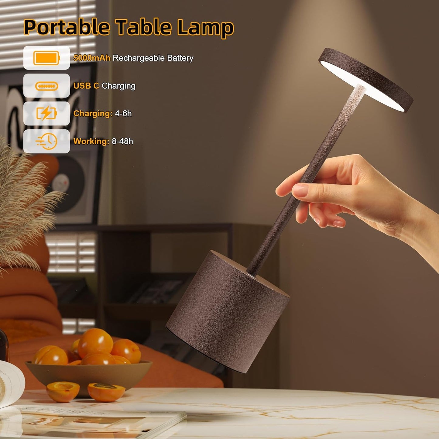 Cordless Table Lamps Rechargeable - Outdoor Portable LED Table Light 5000mAh Battery Operated Lamp 3 Color Stepless Dimming with Memory Function for Restaurant Dining Patio 2Pack Rust