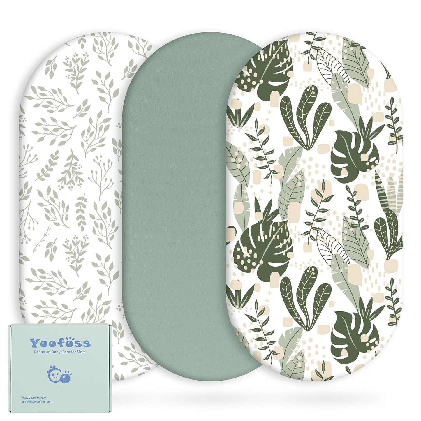 Yoofoss Bassinet Sheets for Baby,3-Pack Fitted Bassinet Sheets Set Compatible with Halo Bassinest Swivel Sleeper,Baby Delight,Angelbliss,Soft Breathable Bassinet Mattress Sheets(Green+Leaf)