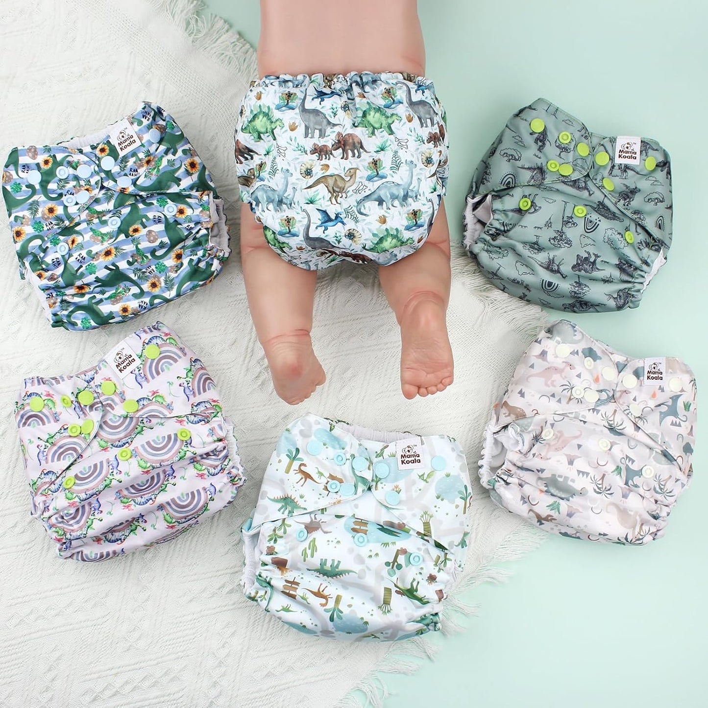 Mama Koala 3.0 Pocket Cloth Diapers for Babies with AWJ Lining, 6 Pack with 6 4-Layer Natural Cloth Diaper Inserts - Reusable and Washable Pocket Diapers(Cute Dinosaurs)
