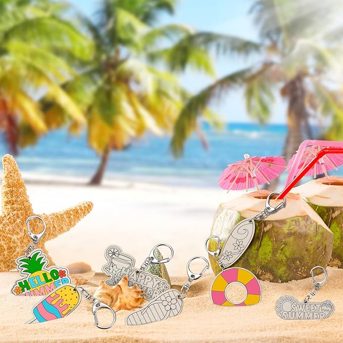 RattanView 24 Pcs Summer Party Craft Color Your Own Keychains Diy Craft Wooden