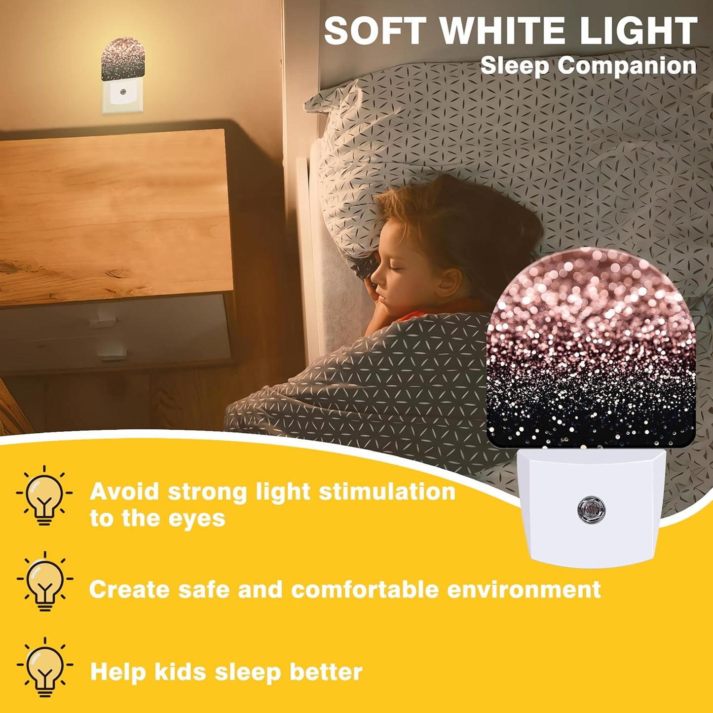 Night Lights Plug into Wall Rose Gold Glitter Night Light Dusk to Dawn Smart Sensor Decorative Round Led Lamp for Bedroom Kitchen Hallway Nightlight for Women Men