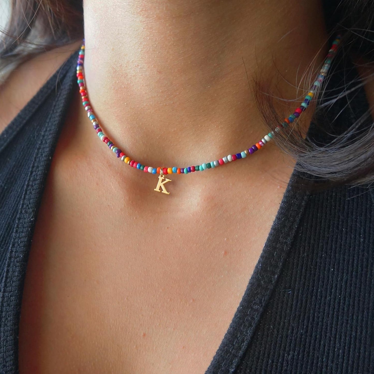 Yoosteel Christmas Gifts for Grandkids Teen Girls - Colorful Beaded Initial Necklace for Girls Kids Jewelry A-Z Letter Choker Necklace Birthday Gifts Stocking Stuffers for Teen Girl Women Kids Toddler