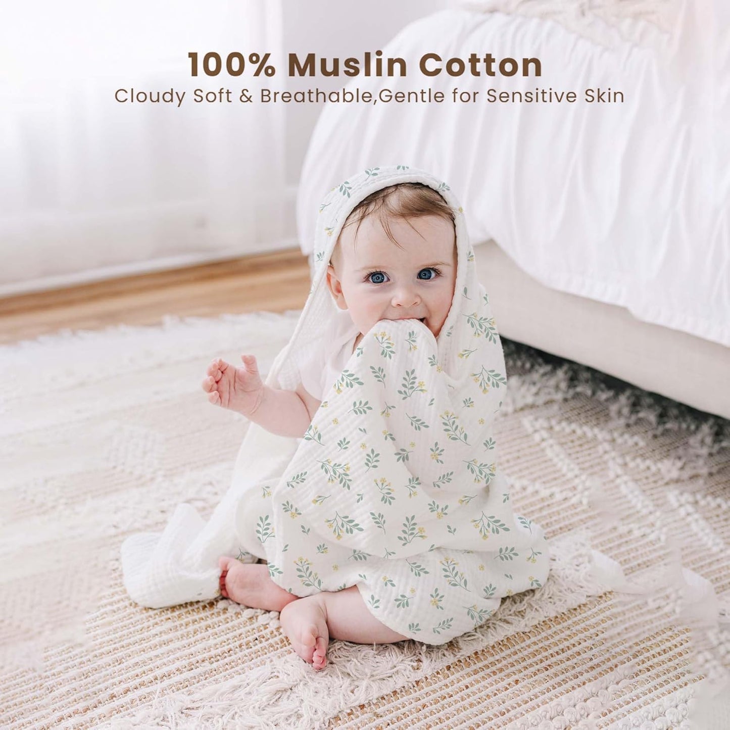 Konssy 2-Pack Muslin Hooded Baby Towels, 100% Cotton, Ultra-Soft & Absorbent Baby Bath Towels with Hood for Newborn & Infant (Green, Leafy,32" x 32")