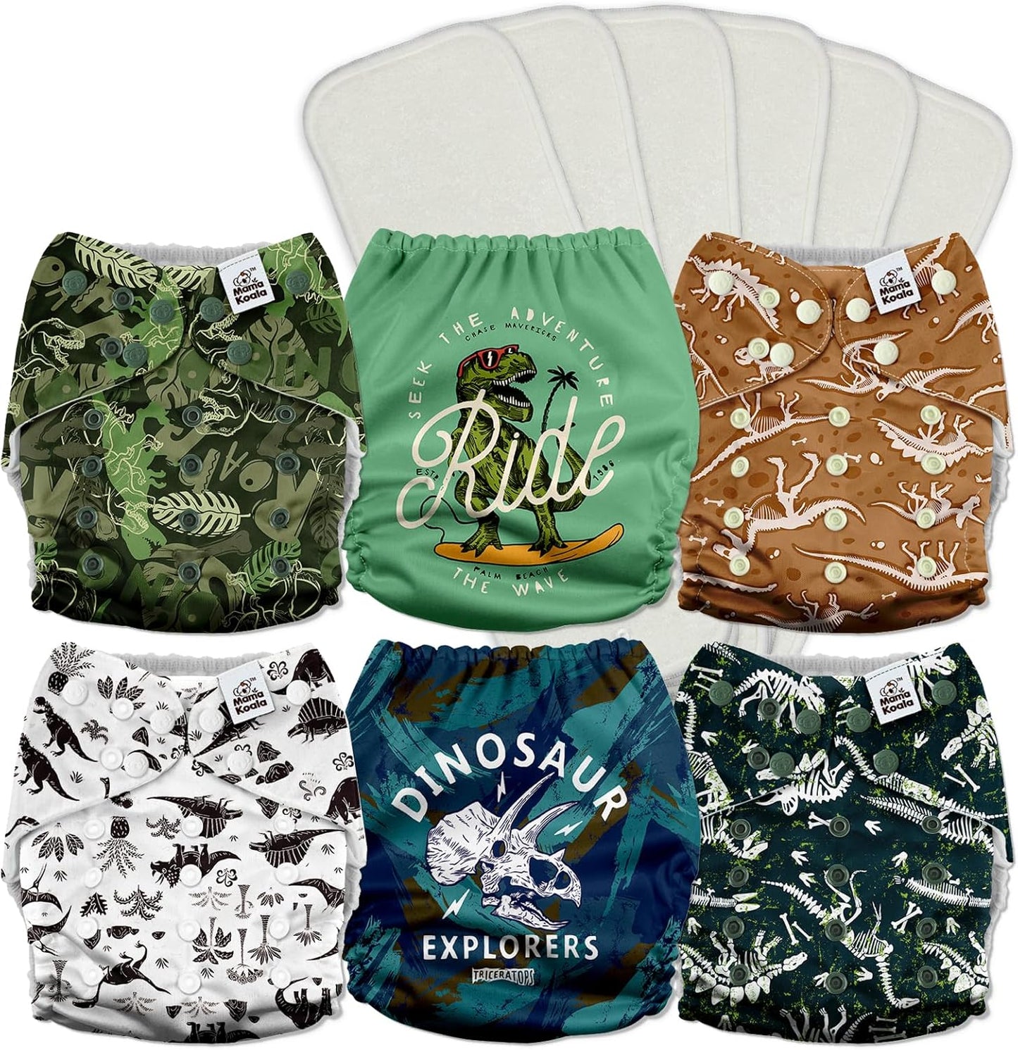 Mama Koala 3.0 Pocket Cloth Diapers for Babies with AWJ Lining, 6 Pack with 6 5-Layer Natural Cloth Diaper Inserts - Reusable and Washable Pocket Diapers(A-It's Dinosaurs)