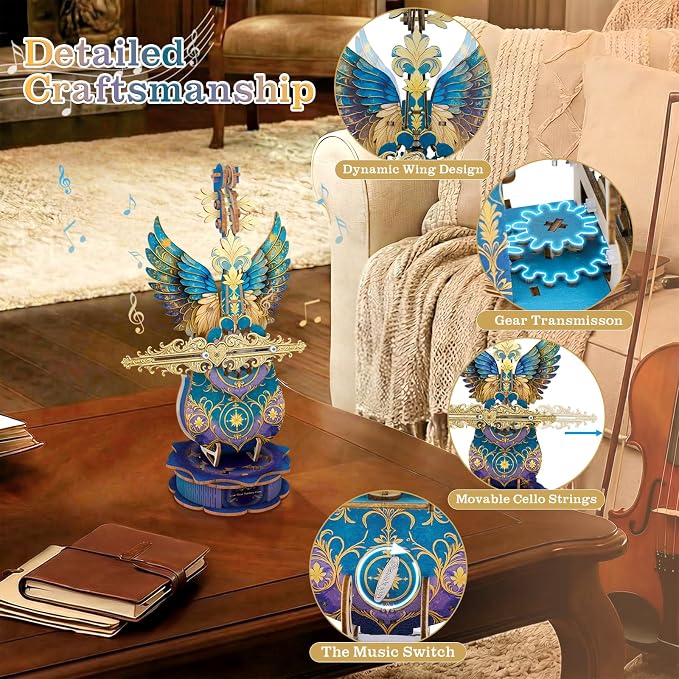 3D Wooden Puzzles for Adults, Mechanical Cello Music Box Kit