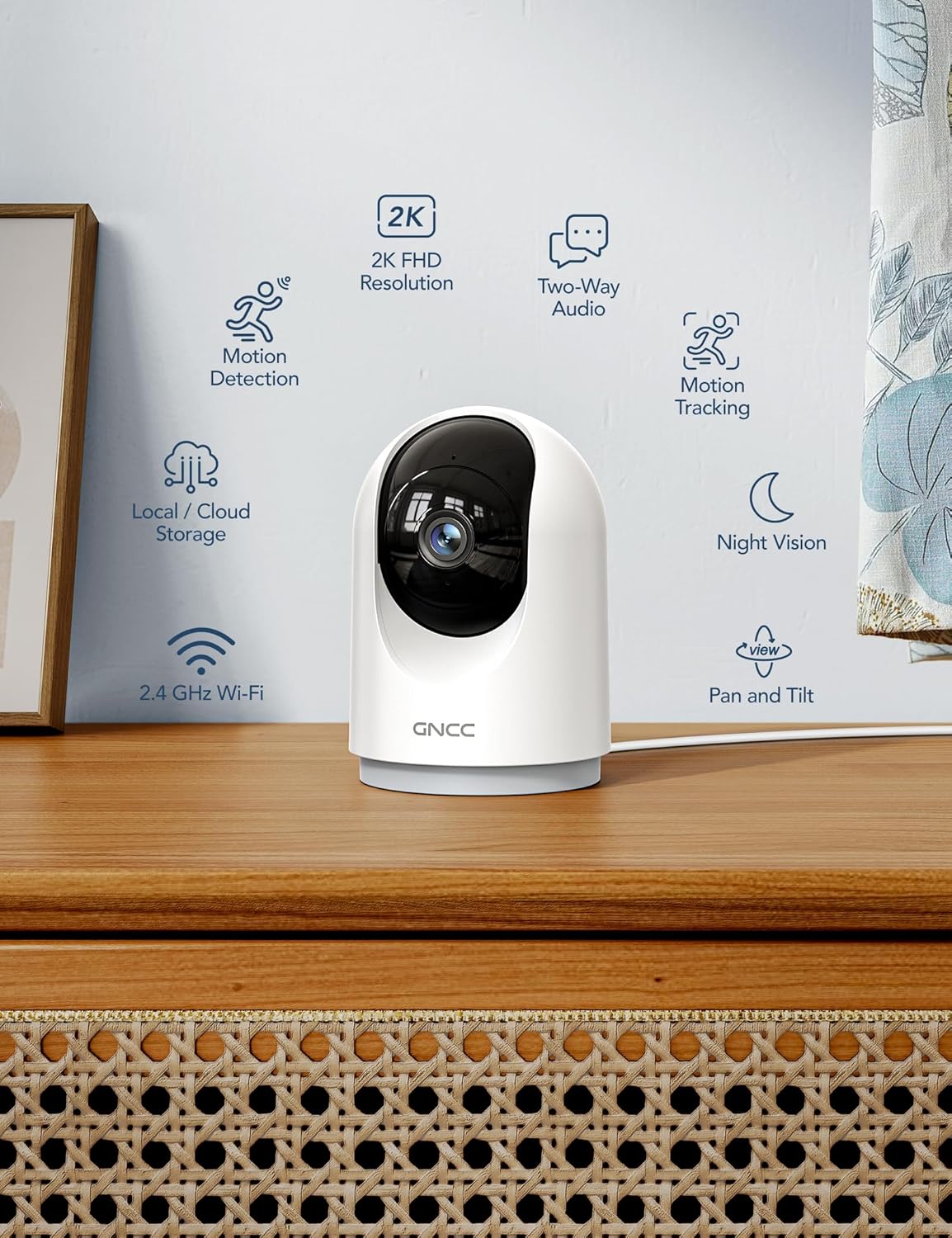 GNCC Indoor Security Camera, 2K Cameras for Home Security with Motion Detection, Baby/Pet Camera with Phone App, Night Vision, 2-Way Audio, TF/Cloud Storage, Works with Alexa & Google Home, 2.4G WiFi