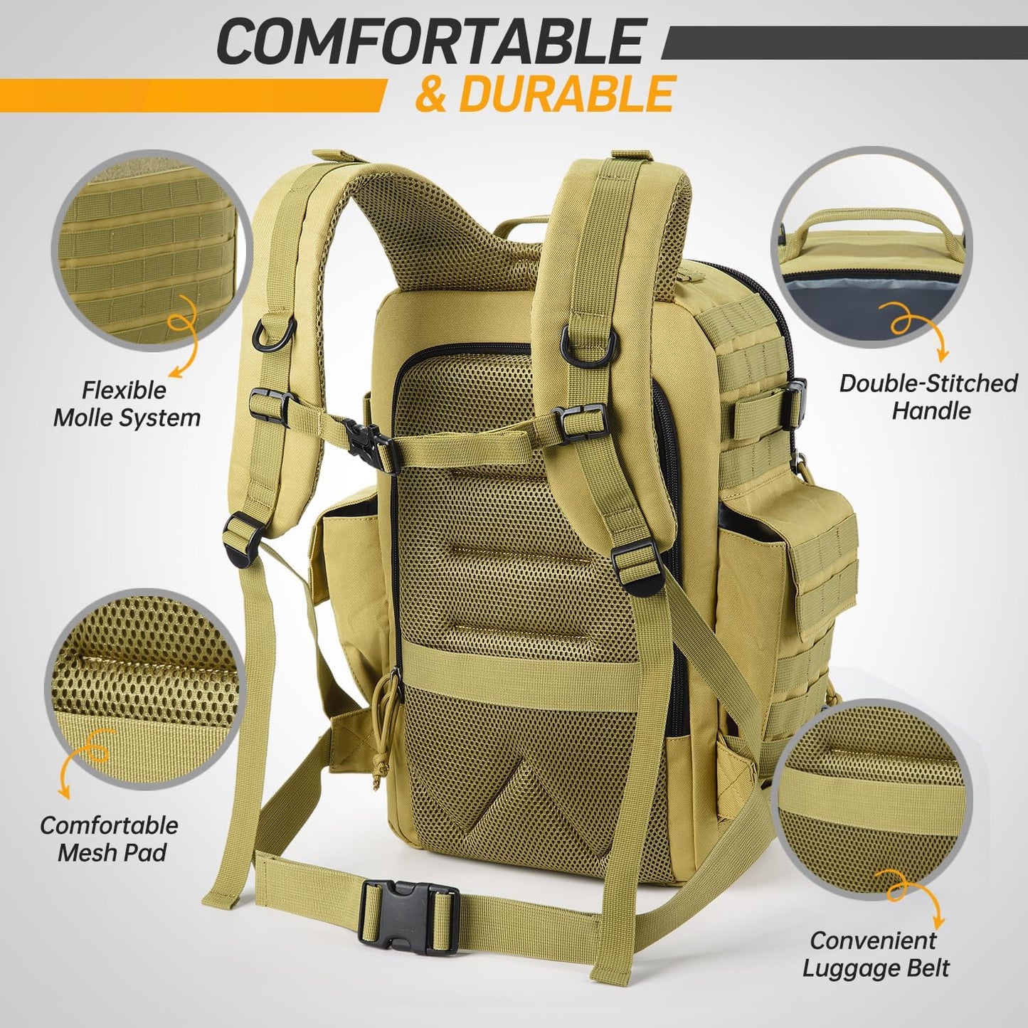 SHARKMOUTH Military Diaper Bag for Dad - Insulated Baby Diaper Backpack with Patches for Hiking Travel Camping - Baby Shower Gifts Tan
