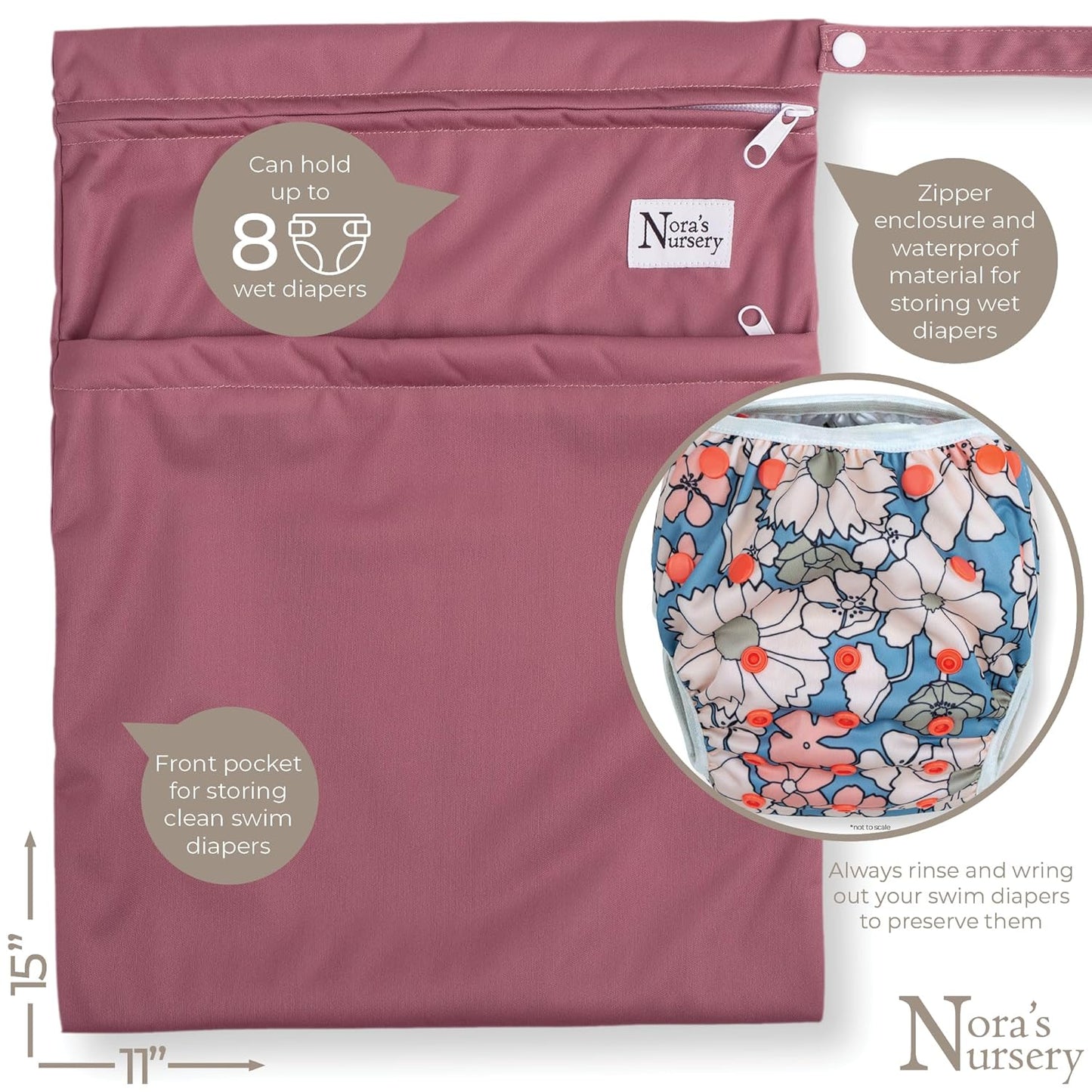 Nora's Nursery Reusable Swim Diapers and Wet Bag - One Size Fully Adjustable - Charleston Rose Unisex 3 Pack with Wet Bag