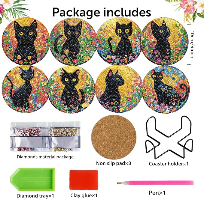 8 Pack Black Cat Diamond Art Coasters Kit for