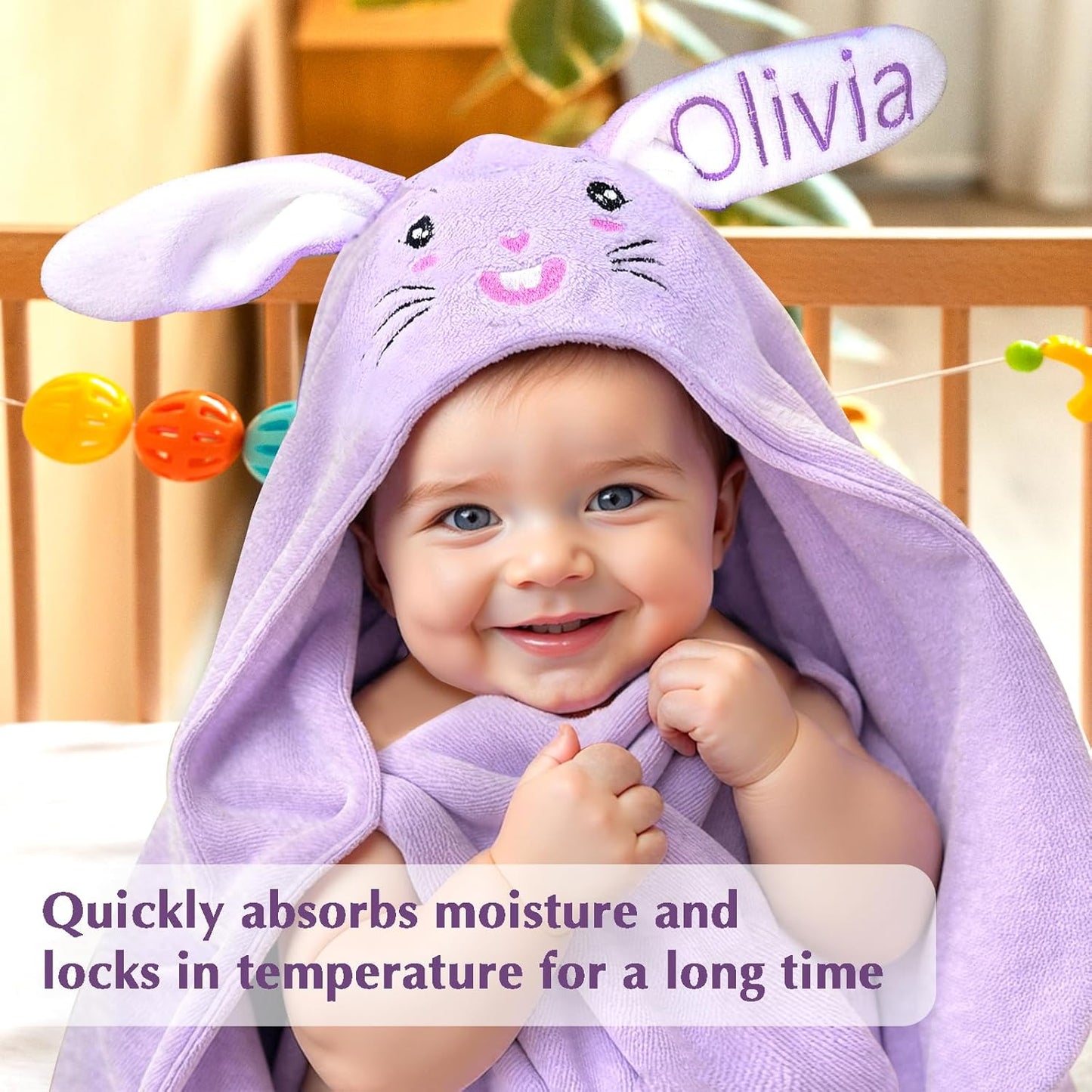 Baosity Custom Hooded Baby Towel with Name, Personalized Soft Absorbent Bunny Toddler Towel, Baby Bath Towel for Girls Boys, Christmas Brithday Gifts for Baby, Toddler, Newborn Essential