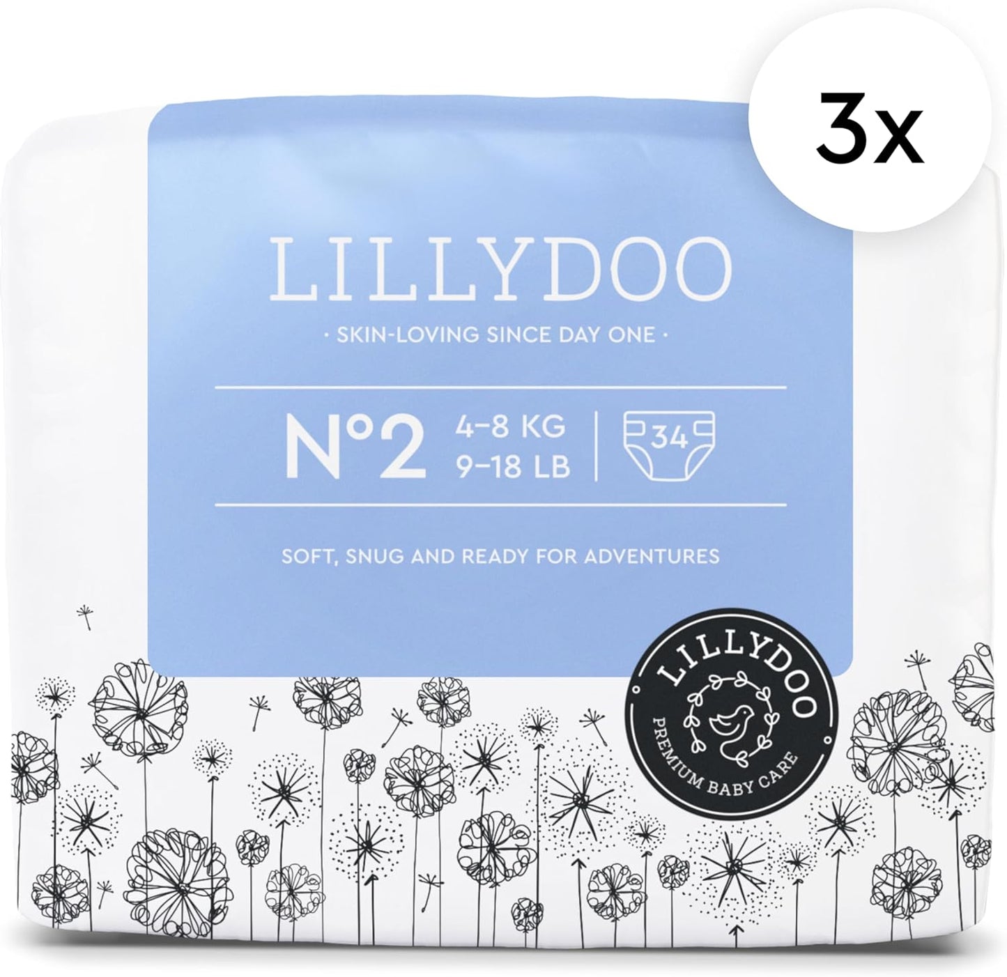 LILLYDOO Baby Diapers - Size 2 (9-18 lbs), Half-Monthly Supply (102 Count), Leak Protection, Skin-Friendly, Ultrasoft, Perfume- & Chlorine-Free, Hypoallergenic, Dermatologist Tested, Oeko-TEX®