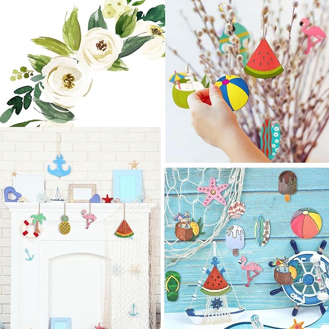 32 pcs Mixed Styles Beach Theme Unfinished Wood Cutout Charms Watermelon Ice