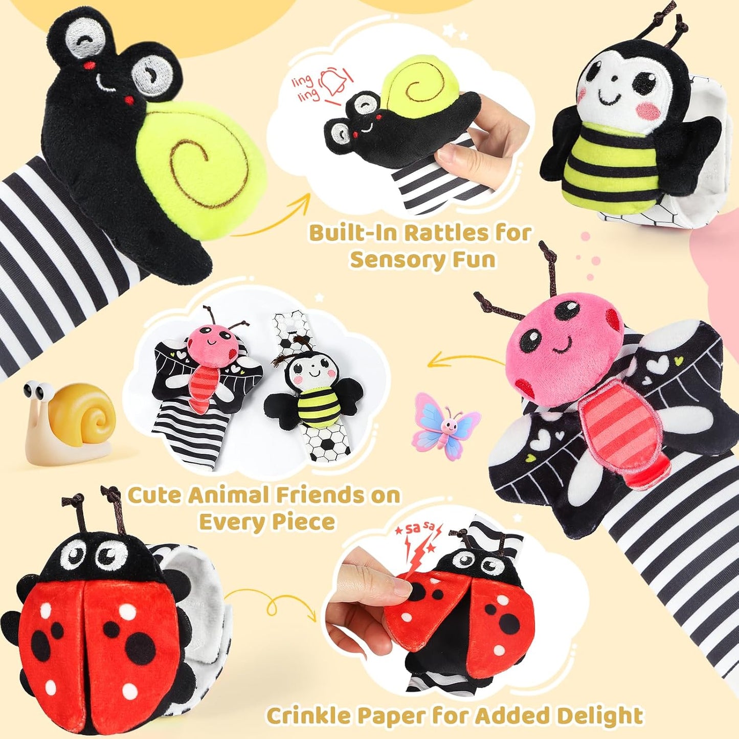 URMYWO Wrist Rattles for Baby - Rattle Socks - Foot Finder Set - High Contrast Black and White Baby Toys for 0-12 Months Infant - Newborn Essentials - Sensery Toys for Boys and Girls as Shower Gifts