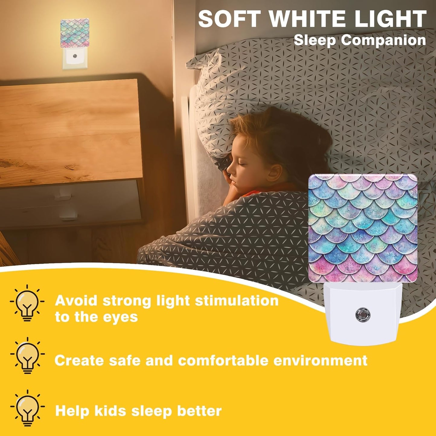 Mermaid Scales Night Light, Plug-in Nightlight with Dusk to Dawn Auto Sensor for Home Bedroom Bathroom Hallway Kitchen 0.5W Sleep Friendly Led Lamp for Women Men