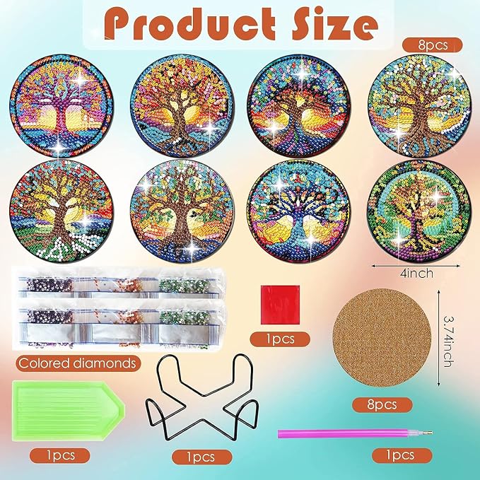ijbnhd 8 PCS Tree of Life Diamond Art Coasters | Diamond Painting Coasters Kits