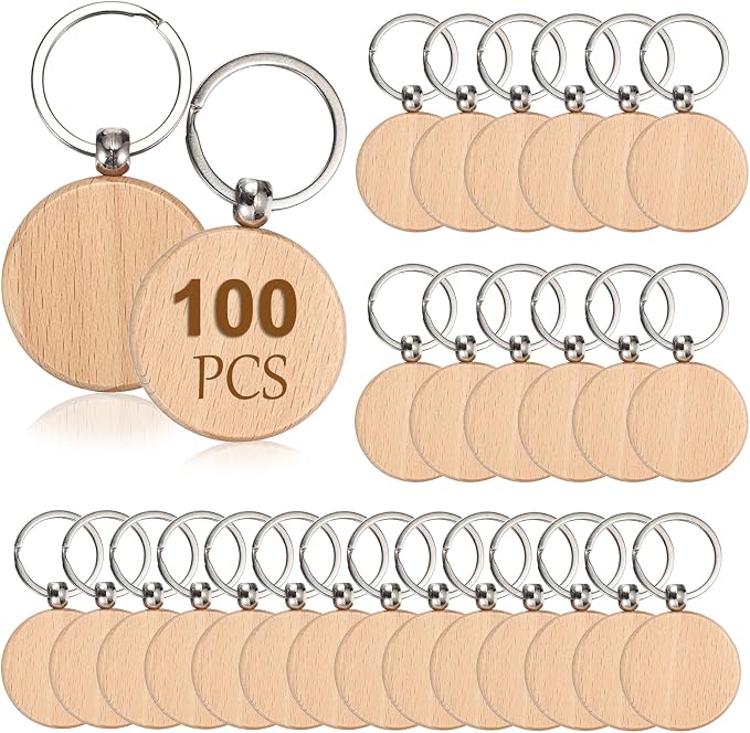 JUXYES 100 PCS Unfinished Wooden Keychain Blanks
