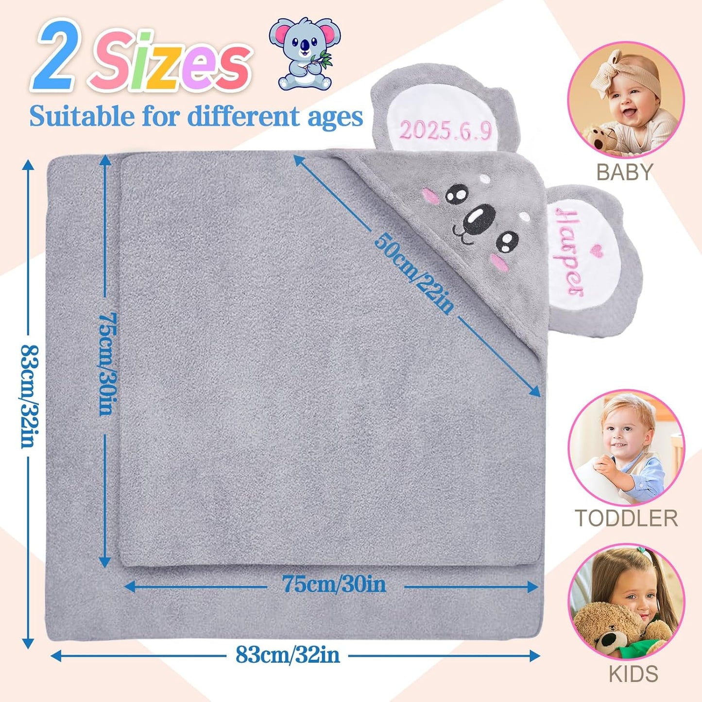 Custom Hooded Baby Towel with Name, Soft and Absorbent Customized Koala Toddler Towels, Baby Bath Towel for Boys and Girls, Easter Birthday Towel for Kids，Babies, Toddlers, Newborns Essential