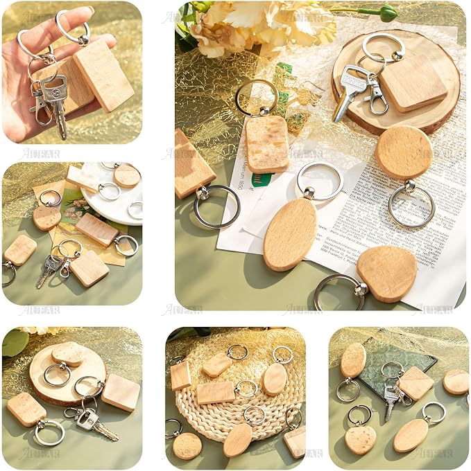 AUEAR, Blank Wooden Key Chain Wood Keychain Key Ring Key Tags Personalized EDC