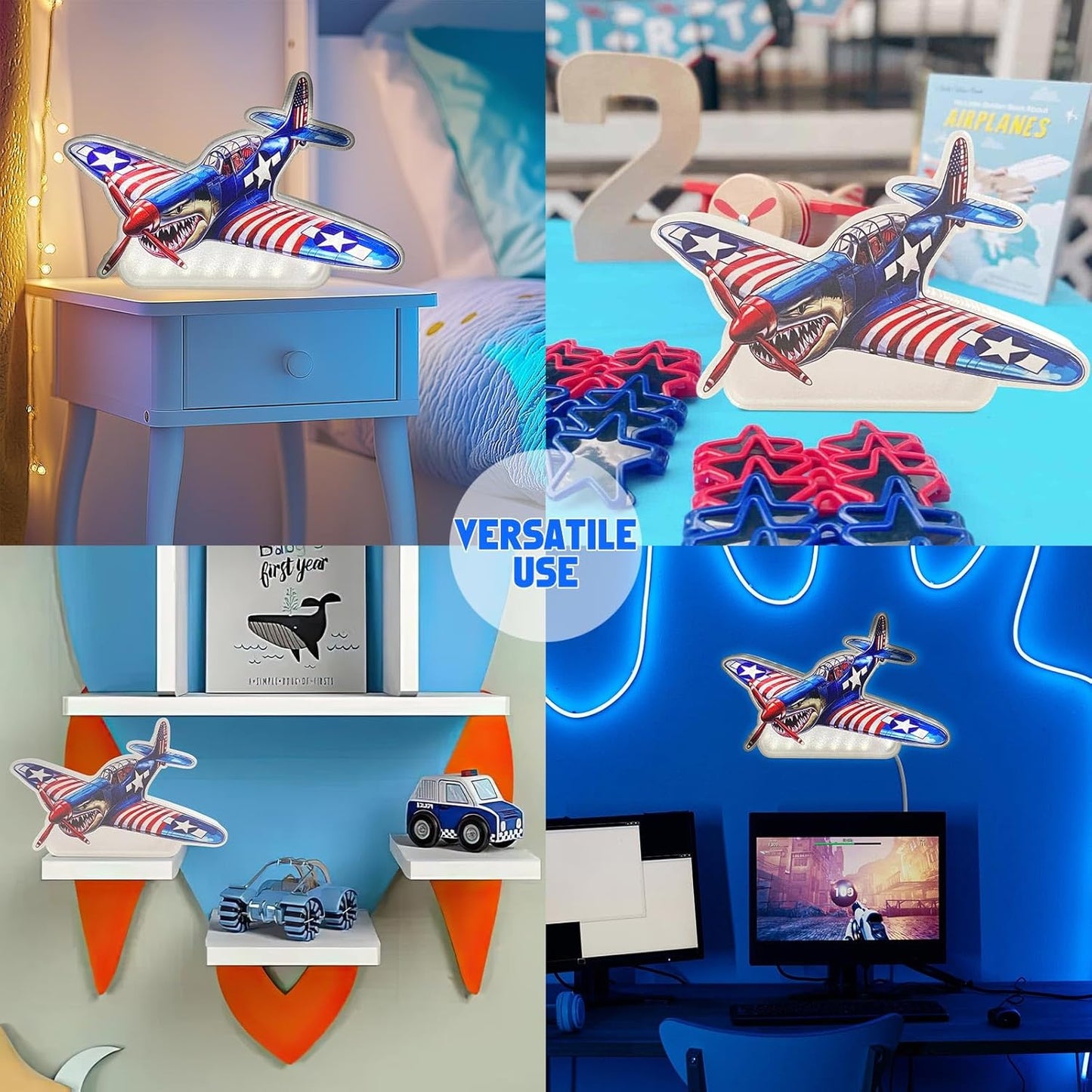 American Shark Fighter Warplane Night Light Up Box for Boy Kids Teens Gifts USB Powered Lamp Lightbox Bedroom Room Wall Hanging Art Table Desk Decorations Decor Sign
