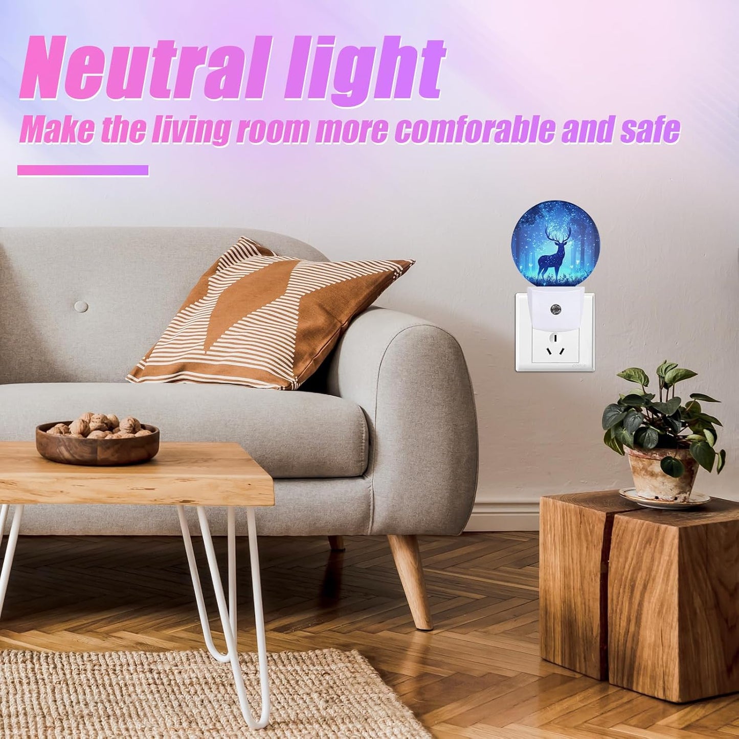 Deer Pine Tree Night Light Foggy Forest Night Lights LED Lamp Round Plug into Wall Nightlight with Dusk to Dawn Sensor Home Hallway Stairway Kitchen Decor