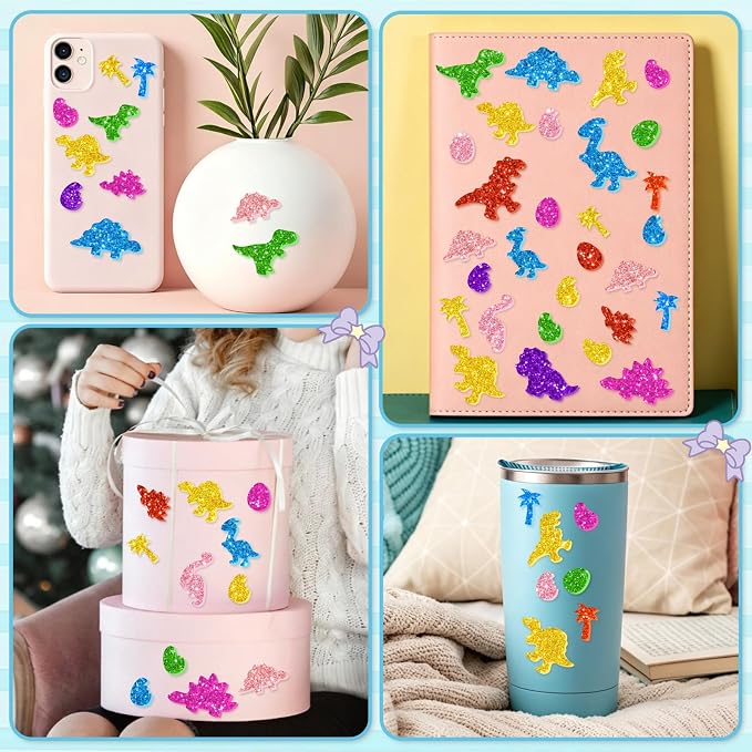 681 Pcs Glitter Foam Stickers, Dinosaur Shapes Stickers, 7 Sheets Colorful 3D