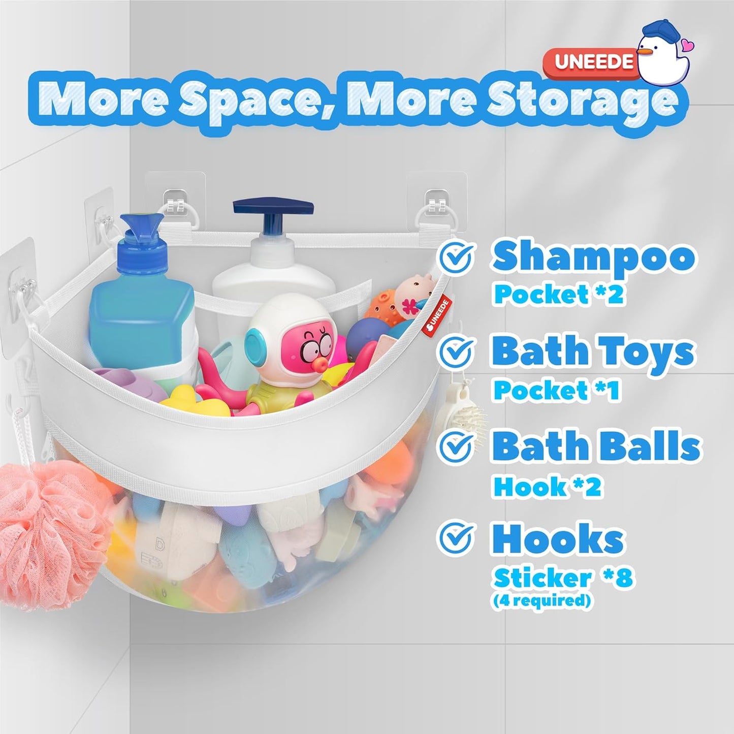 UNEEDE 4.32 Gallons Corner Mounted Bath Toy Storage Holder, Mesh Shower Caddy for Bathtub Organizer, Quick Dry Holder