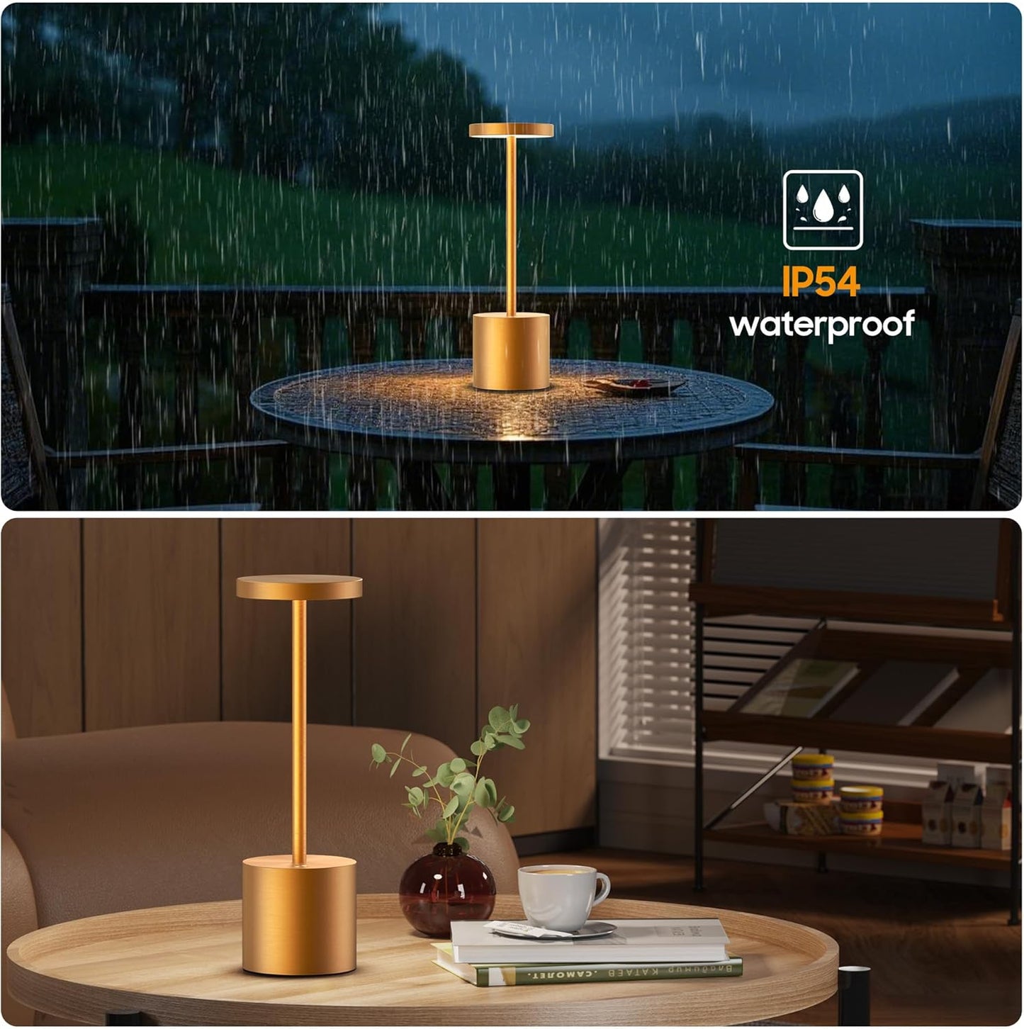 Cordless Table Lamps Rechargeable - Outdoor Waterproof LED Table Light Portable 5000mAh Battery Operated Lamp 3 Color Stepless Dimming with Memory Function for Restaurant Dining Patio Gold