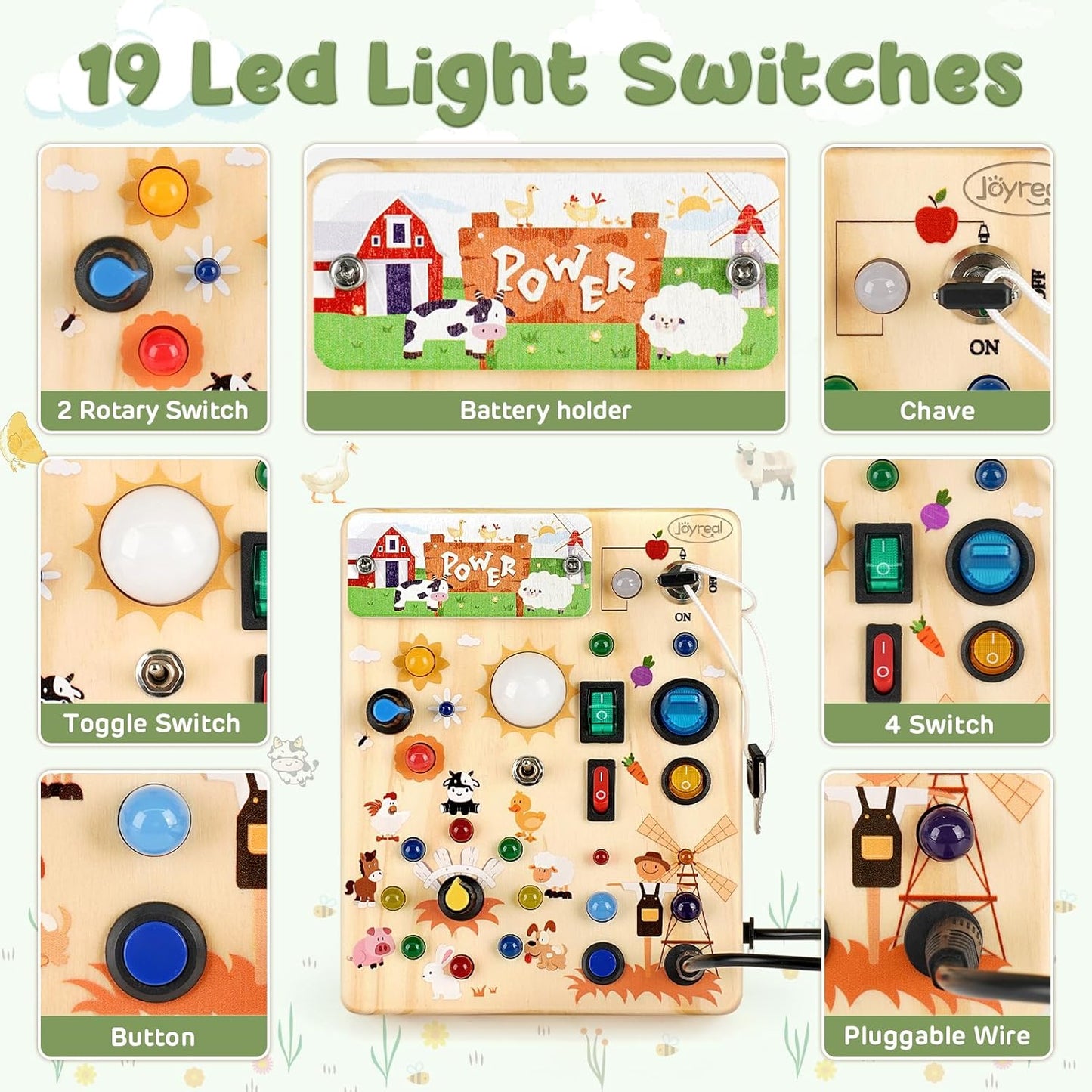 Joyreal Montessori Busy Board Wooden Sensory Toys for Toddler with LED Light Up Switch, Baby Fidget Board Travel Toys for 18+ Months, 1 2 3 Year Old Boys Girls Toddler Toy Gifts (Farm)