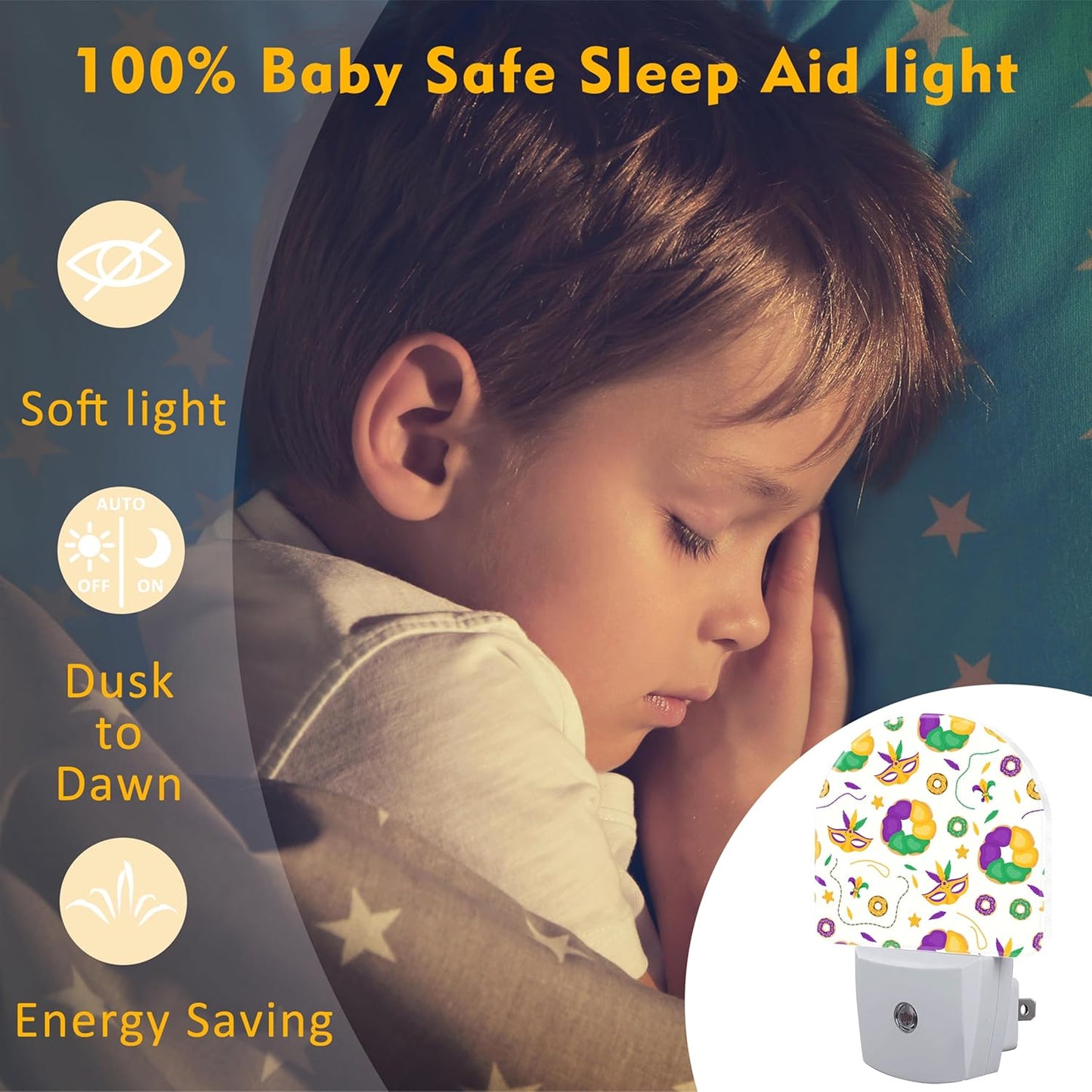 Mardi Gras Carnival Night Light Plug into Wall,Fleur de Lis Mask and Donuts Dusk to Dawn Night Light Plug in,0.5w Energy Saving Sleep Friendly NightLight for Kids Boys Girls Home Decor