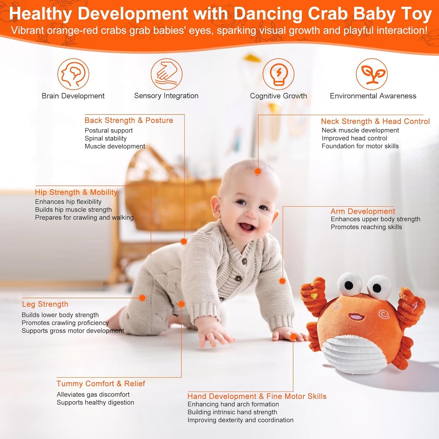 Dancing Crab Baby Toy - Musical Crawling Crab with Talking & Bouncing, Ultra-Soft Plush Infant Sensory Toy for Newborn 0-3, 3-6, 6-12 Months, Toddlers Tummy Time Gifts