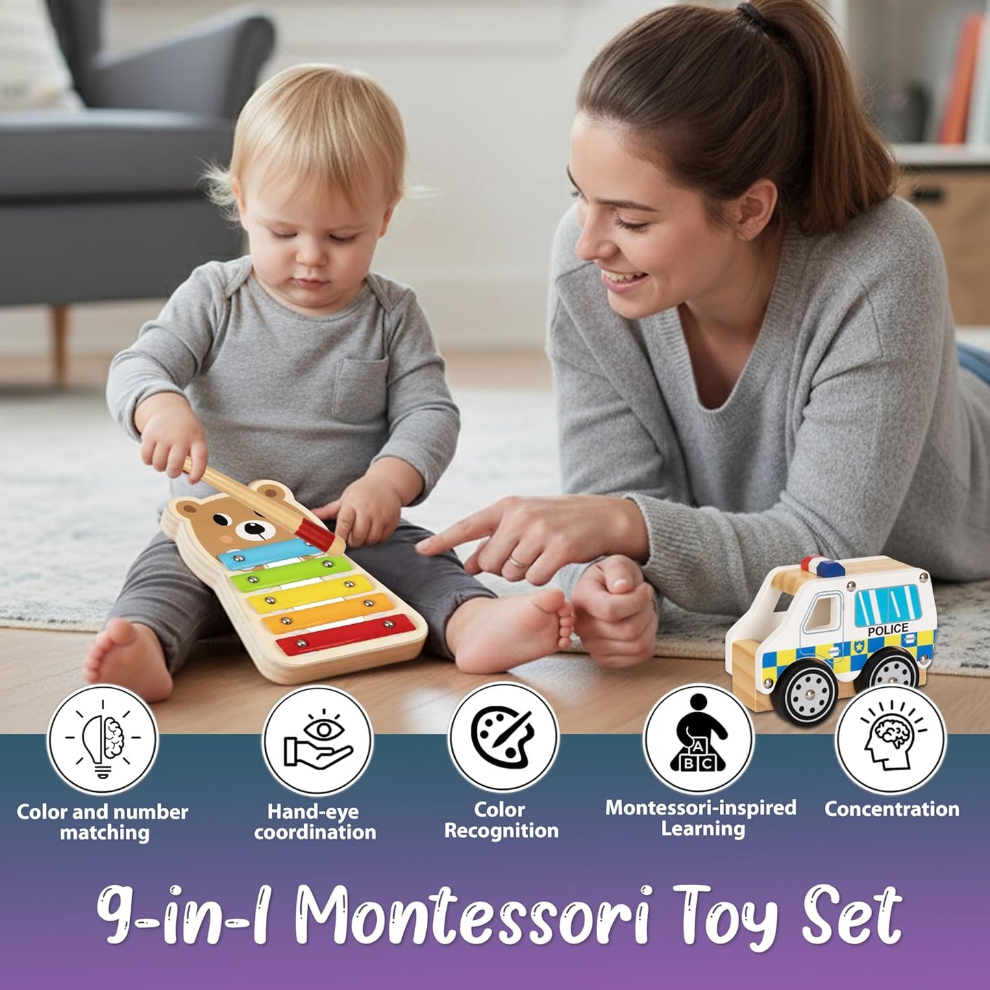 Pine Bunny Montessori Wooden 10-in-1 Toy Set for 19+ Months, Police Car, Triangular Lockbox, Cutting Fruits, Farm Cube Puzzle, Bear Xylophone, Educational Learning Problem Solving Music Toddler Toys