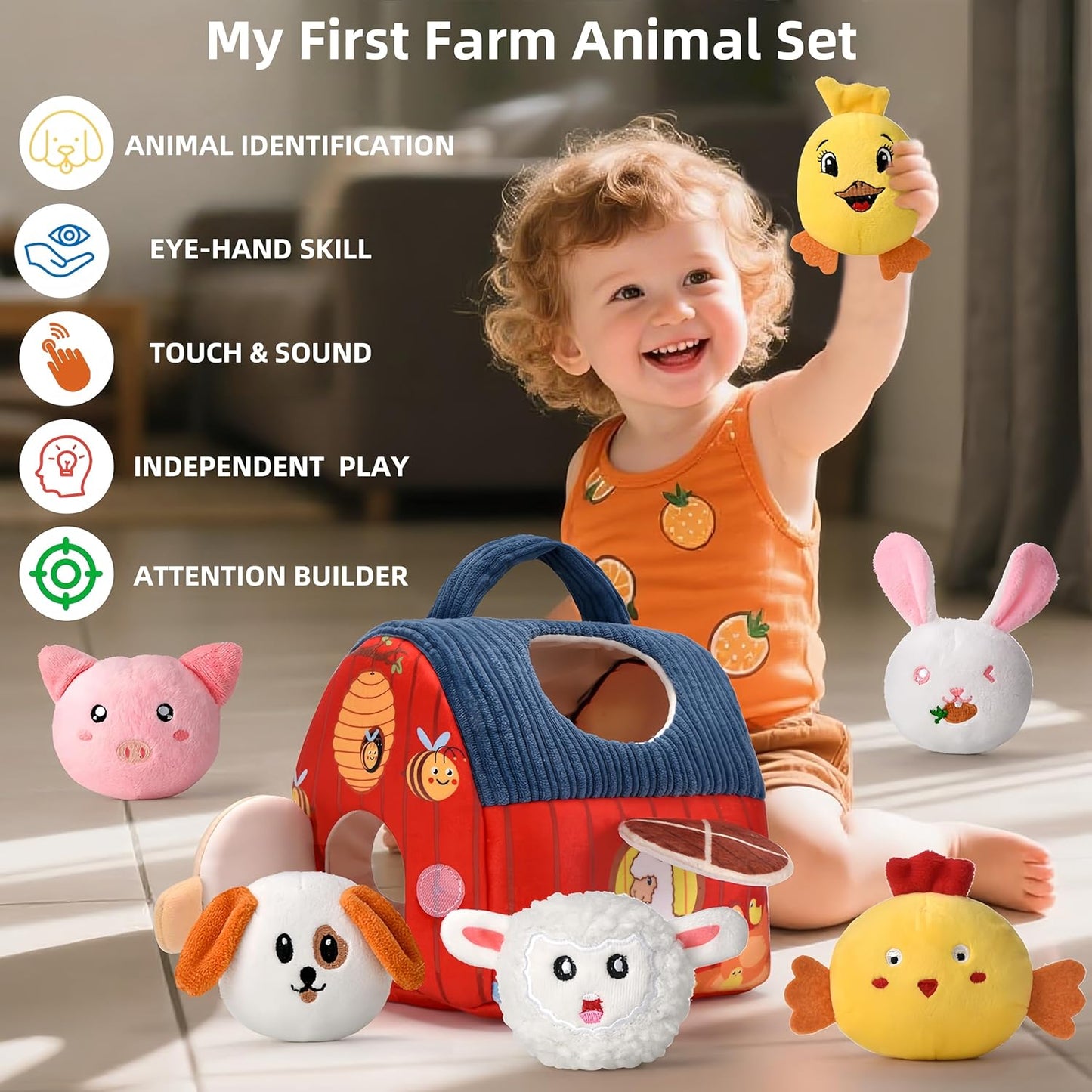 Baby Toys for 1 Year Old, Surprise Barn Stuffed Farm Animals, Crinkle, Rattle, Mirror, Montessori Toys for One Year Old Boy Girl Birthday Gift, Christmas Baby Stocking Stuffers for 1-3 Toddler