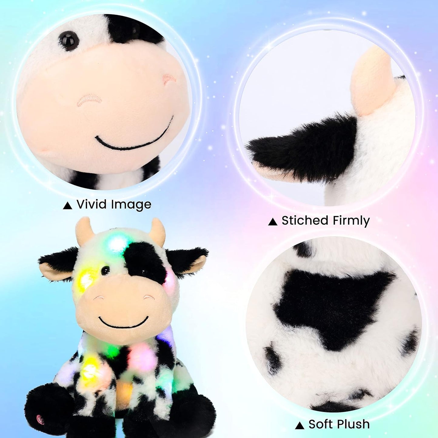 Hopearl LED Plush Smile Cow Lighting Up Stuffed Animal Diary Cattle Floppy Night Lights Glow in The Dark Birthday Festival for Kids Toddler Girls, 11''