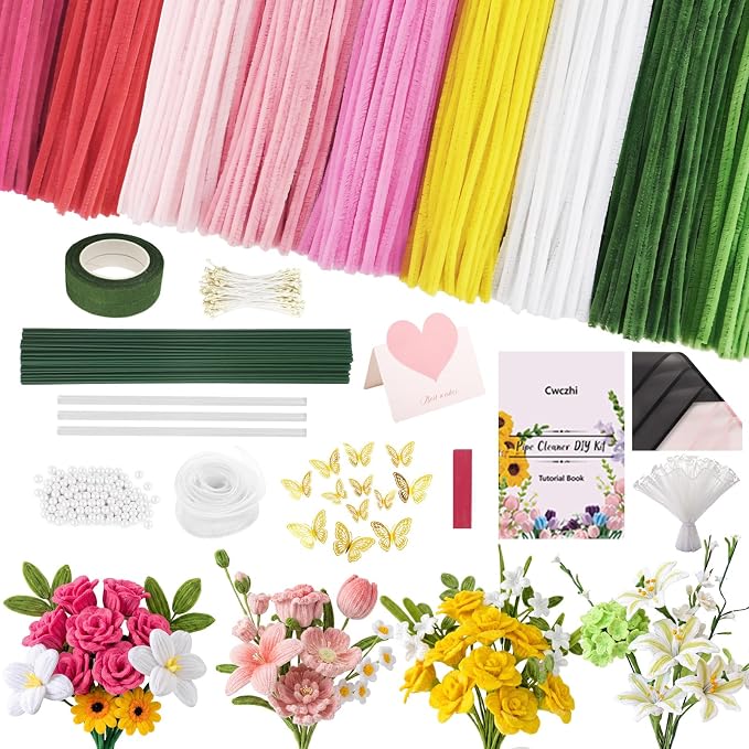 Cwczhi 600 PCS Pipe Cleaners Craft, 9 Colors Pipe Cleaner Bulk Flower Kit |
