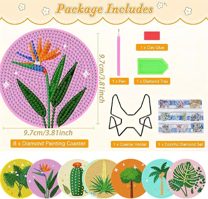 Clendo 8 Pcs Green Plants Diamond Painting Coasters Kits
