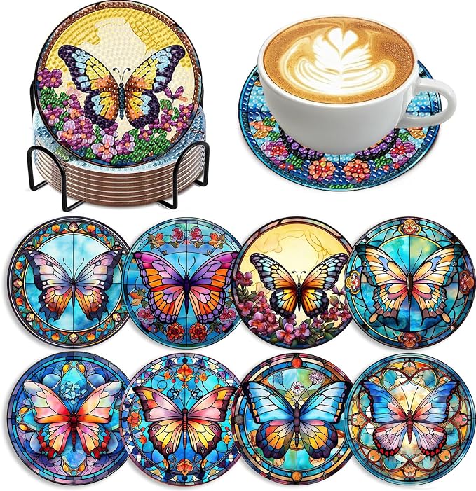 8 Pack Diamond Art Coasters, Butterfly Diamond Painting Coasters Kits |