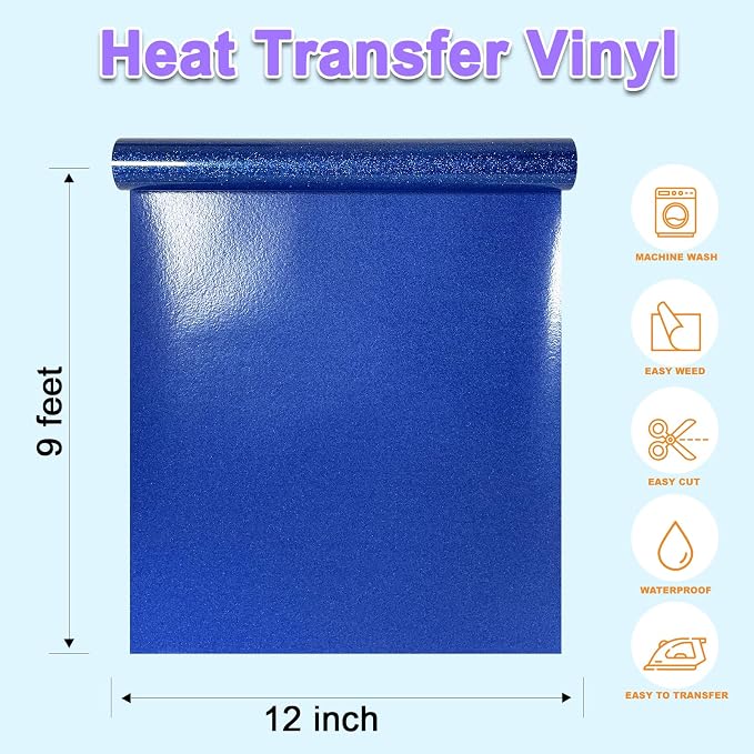 DUEUIOE Blue Glitter HTV Heat Transfer Vinyl Roll