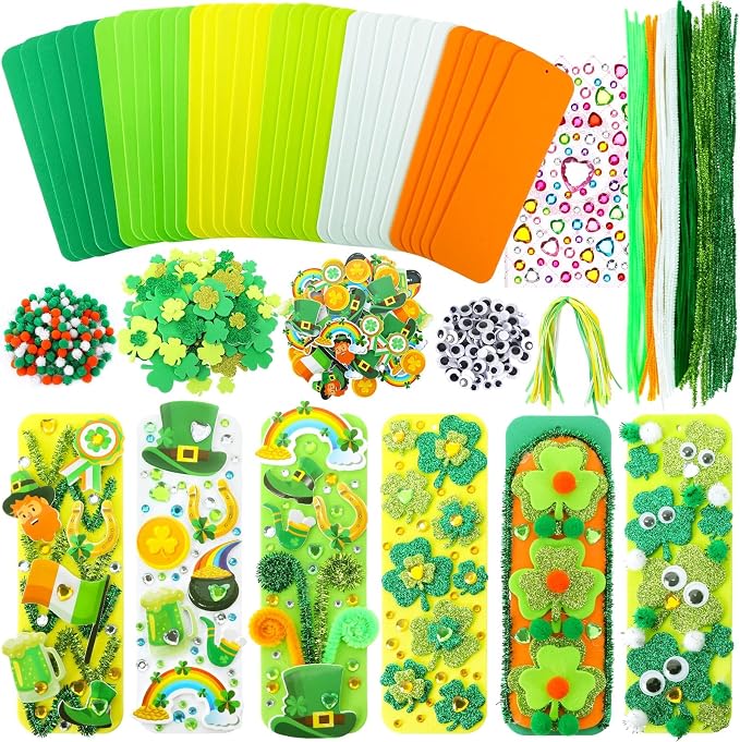 JULBEAR 36 Sets St Patricks Day Bookmark Craft Kits Foam Shamrock Arts | Blank
