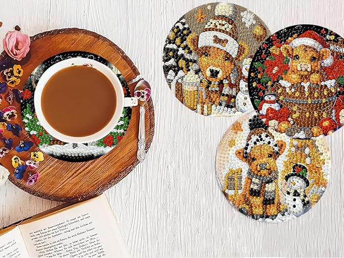8 PCS Christmas Diamond Art Coasters Kits Highland Cows Coaster Kits | Diamond