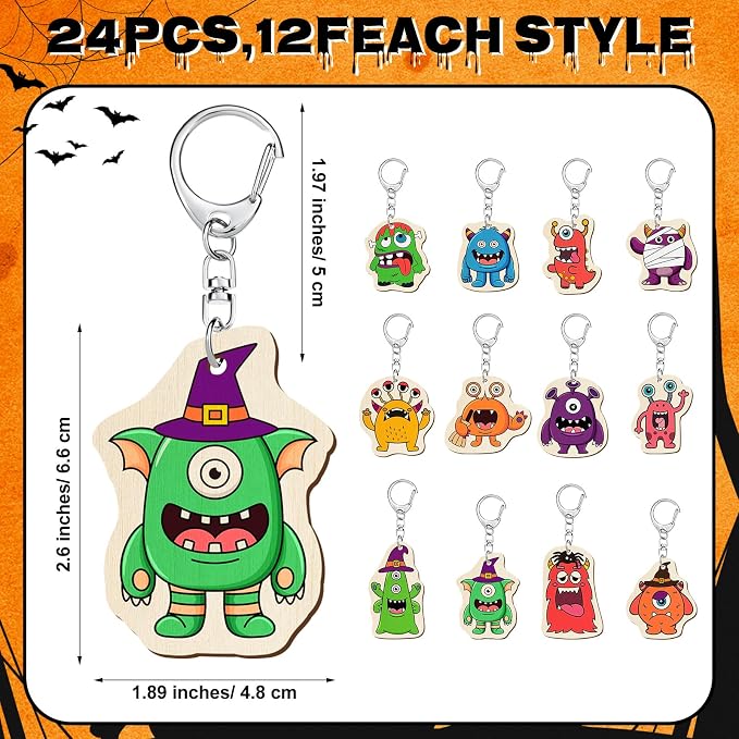 RattanView 24 Pcs Monster Craft Color Your Own Keychains Diy Craft Wooden Blank