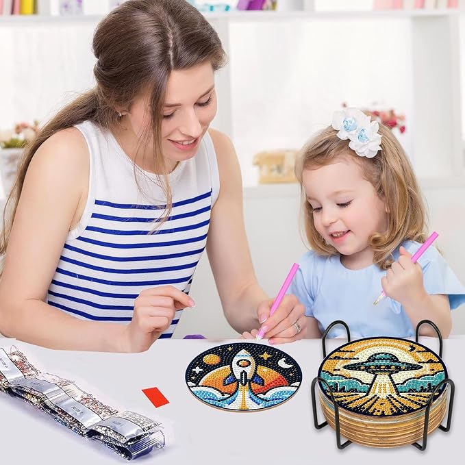 8PCS Outer Space Diamond Art Coasters Kit, Cute Spaceship Diamond Painting