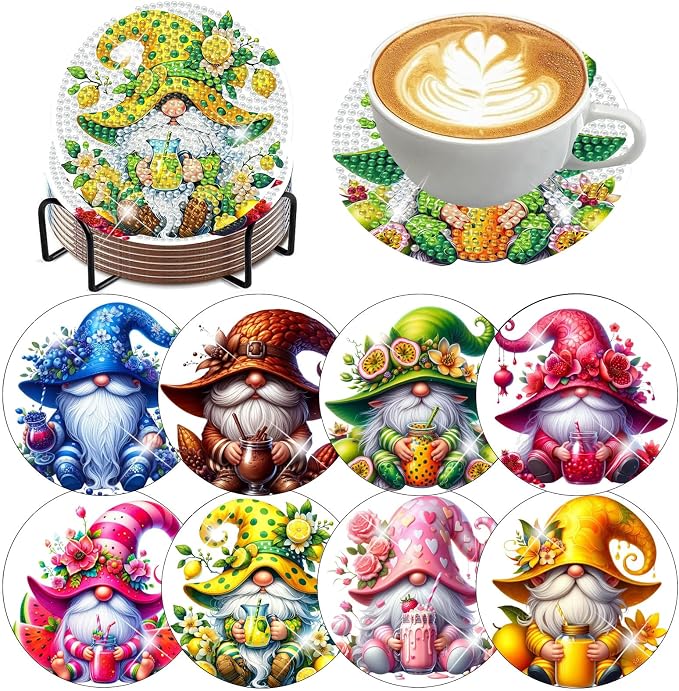 ijbnhd 8 Pack Diamond Art Coasters Kits Gnome | Diamond Painting Coasters Kit