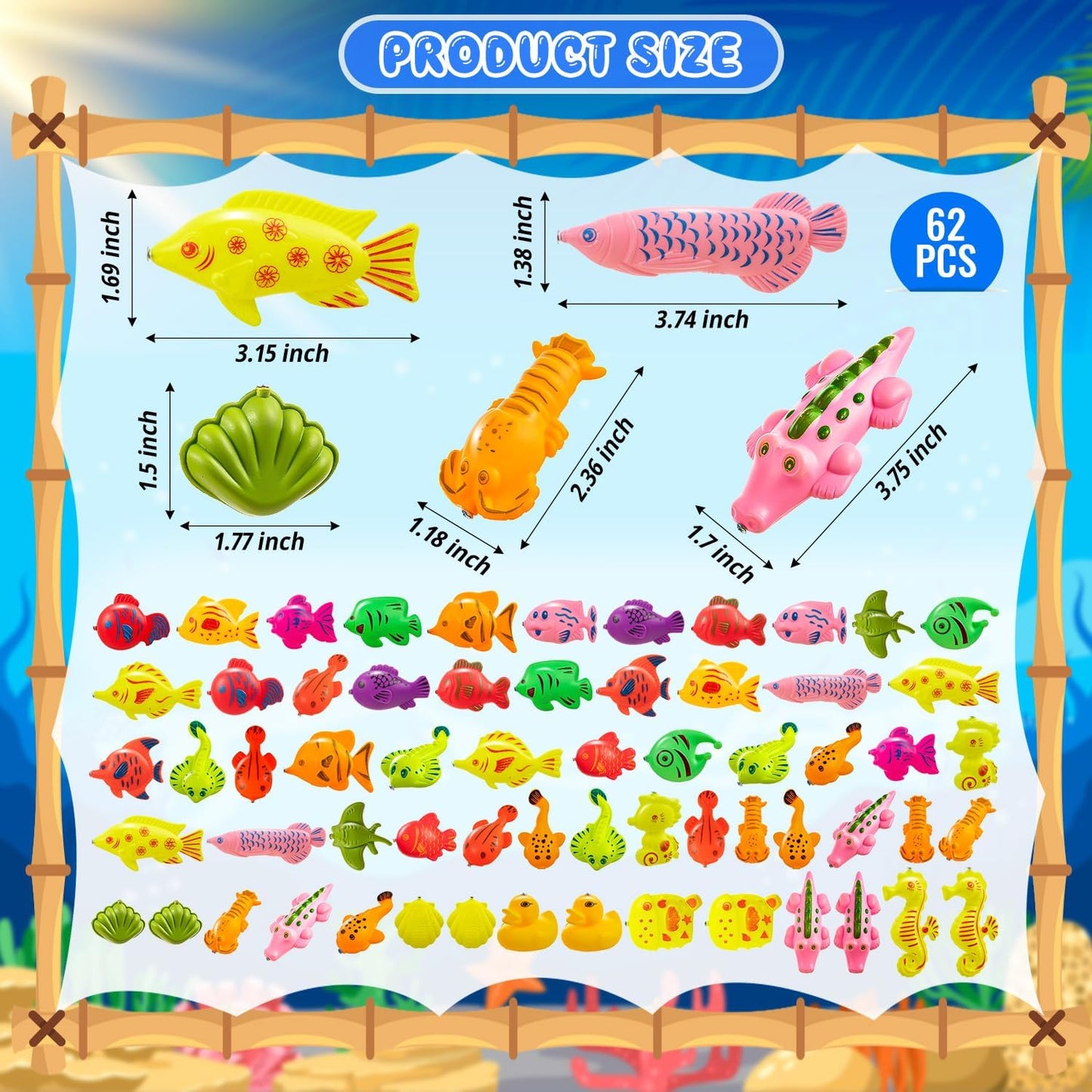 62Pcs Magnetic Fishing Game for Kids, Bathtub Kiddie Party Toy, Plastic Floating Fish with Pole Rod Net, Bath Toys for Kids Ages 4-8