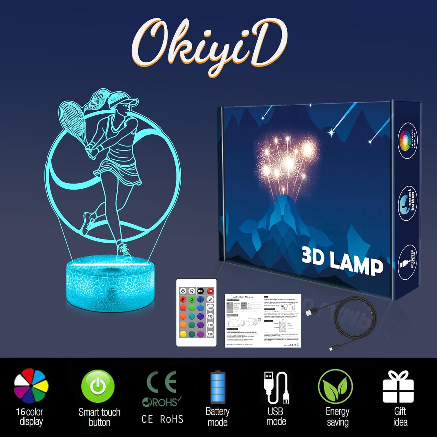 Tennis Gifts for Women & Girls, Light Up Tennis Night Light 3D Illusion Lamp with 16 Colors Remote Control,Tennis Accessories Decor for Women Friends Sports Fans Xmas Gifts