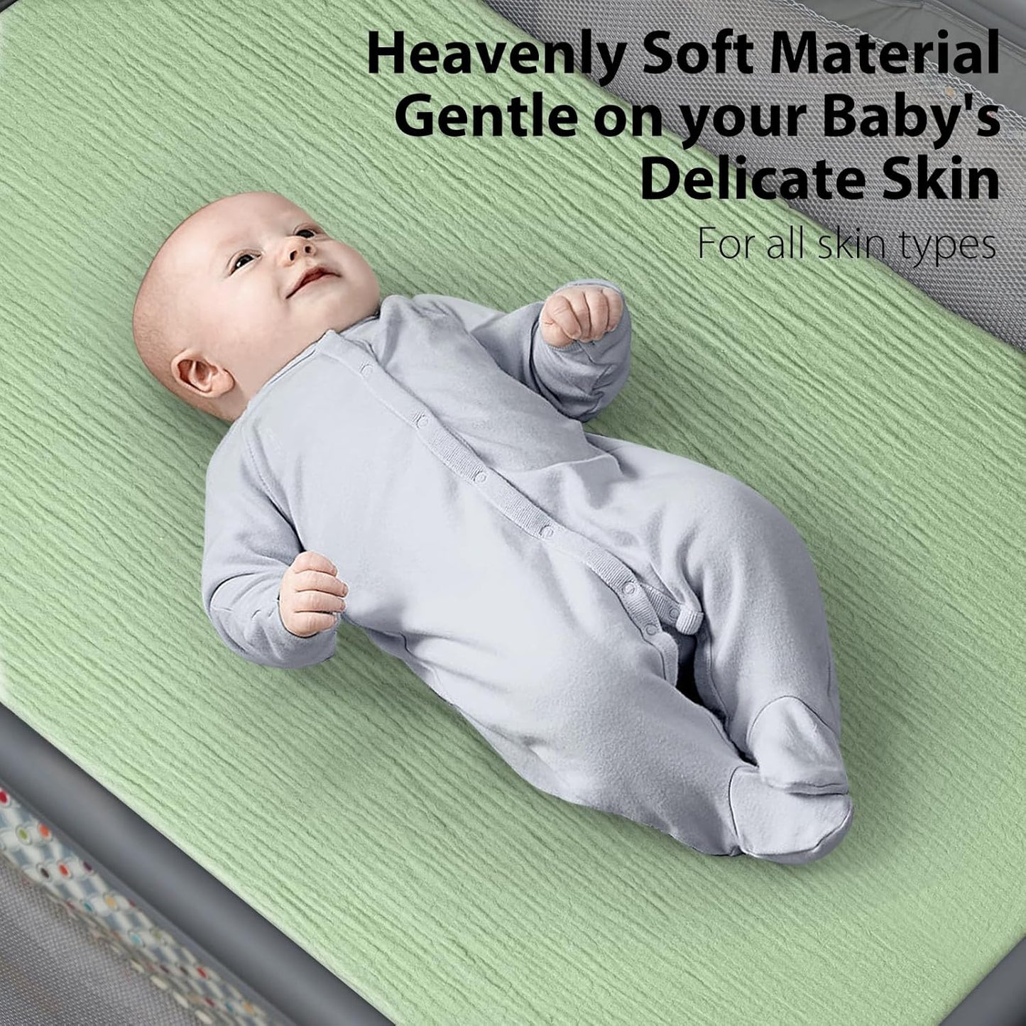 2 Pack Soft Muslin Baby Mini Crib Sheets, 100% Cotton Breathable Double Layer Fitted Sheets for Mini Crib and Pack N Play Mattresses 24x38 Inches, for Baby Girls and Boys (Sage & Fog