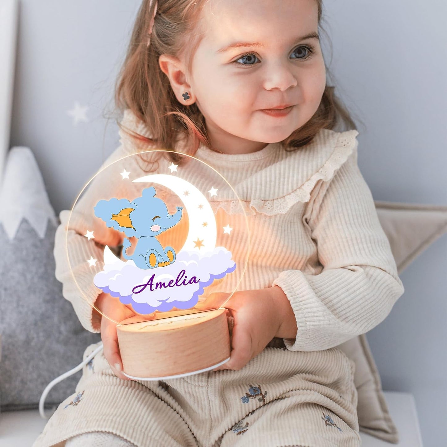 callie Acrylic Night Light Name Plate Personalized, Custom Cute Animal Dog Cat with Wooden Base Bedroom Decor, Birthday Gifts Kid Gifts for Family (Dreamy Moon Forest)