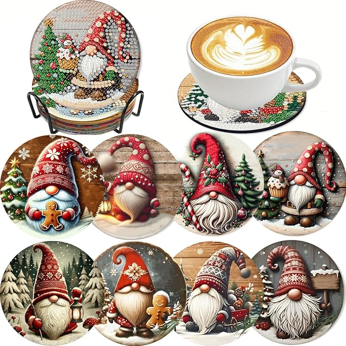 Clendo 8 PCS Christmas Gnome Diamond Art Coaster Kits