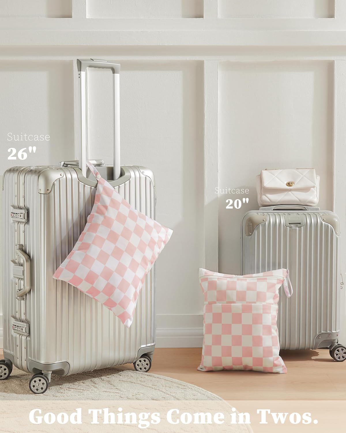Pink Checkered Waterproof Wet Dy Diaper Bag for Baby Essentials, Travel, Swimsuit, Beach Bag Accessories, Aesthetic Trendy Cute Toddler Baby Cloth Bag Pouch, Pack of 2