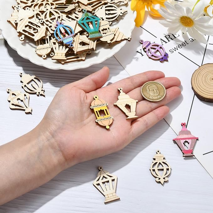 200 pcs Mixed Styles Hollow Lantern Theme Undyed Wood Cutout Charms Pyrography