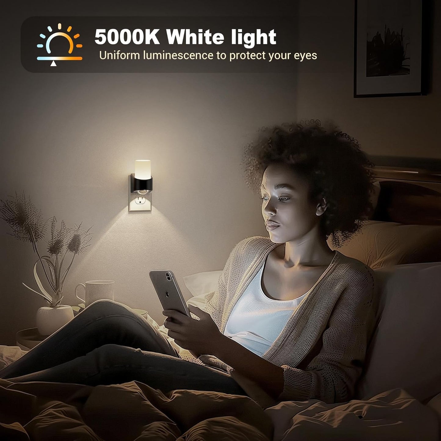 JandCase LED Night Lights Plug into Wall, Decorative Night Light with Dusk to Dawn Sensor, Adjustable Brightness, 5000K Daylight White Nightlight Plug in for Kids, Bathroom, Hallway, Bedroom, Stairway